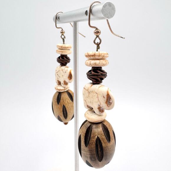 Tribal Native Folk Art Carved Howlite Elephant Nut Chunky Big Statement Earrings - Picture 3 of 12
